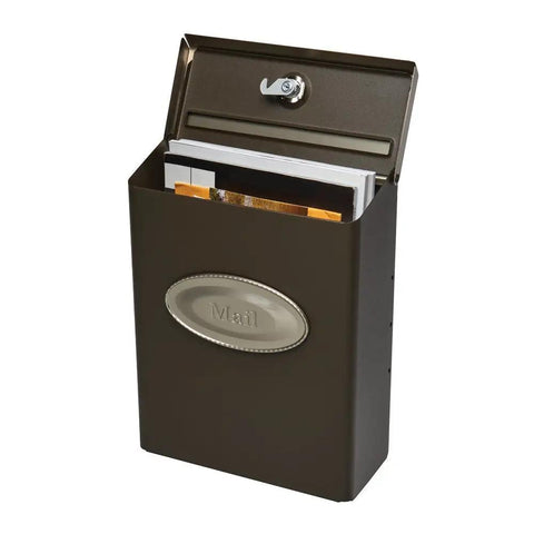 Designer Locking Mailbox In Bronze With Satin Nickel Accents, Rugged Galvanized Steel, Weatherproof Powder Coating, Medium Capacity To Stash Days Of Mail, Includes Optional Decorative Mail Emblem For Curbside Security And Style