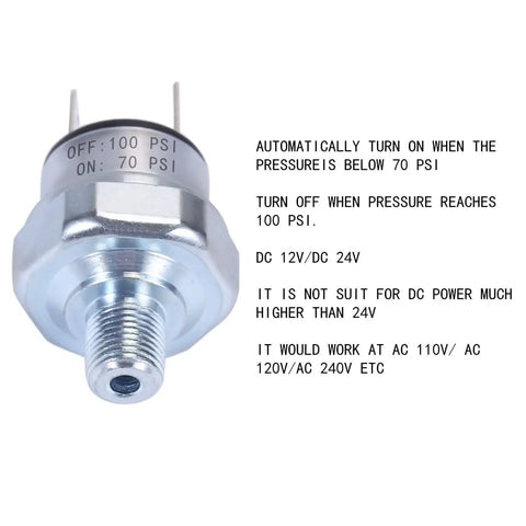 Heavy-Duty Universal Air Pressure Switch 70 100 PSI For 1/8-27 NPT Lines, silver, plug-and-play for 24V 12V DC, 110V 120V 240V AC