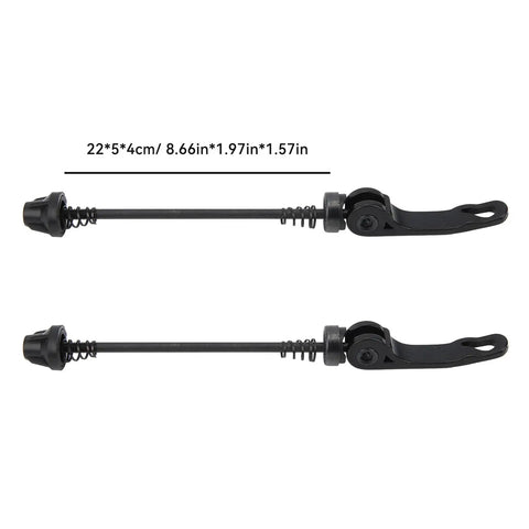Dual Pack Aluminum Alloy Quick Release Skewers For Mountain And Road Bikes with dimensions, front and rear view.