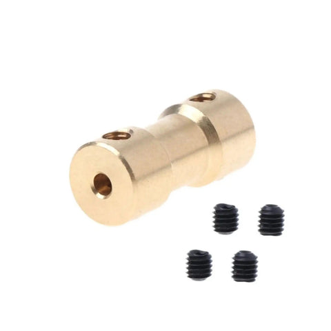 Slick Copper Motor Shaft Coupler Sleeve Adapter With 2mm To 5mm Bore, brass body for torque transmission and rigidity, includes screws.