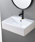 Rectangular Wall Mount Vessel Sink for Bathroom 21x16 White Porcelain Ceramic Above Counter Vanity Lavatory Basin With Single Faucet Hole, Sleek Modern Design for a Low Key Luxe Bath Upgrade wall-mounted.
