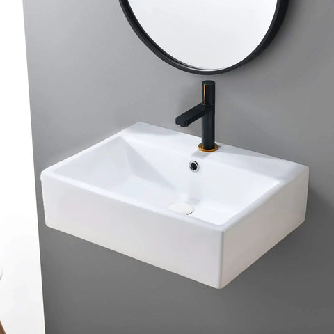 Rectangular Wall Mount Vessel Sink for Bathroom 21x16 White Porcelain Ceramic Above Counter Vanity Lavatory Basin With Single Faucet Hole, Sleek Modern Design for a Low Key Luxe Bath Upgrade wall-mounted.