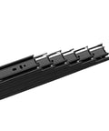 Rolls Like A Dream Three Section Drawer Slides With Hidden Bottom Mount Design For Smooth Cabinet Upgrades close-up of black metal drawer glides.