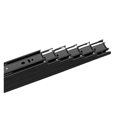 Rolls Like A Dream Three Section Drawer Slides With Hidden Bottom Mount Design For Smooth Cabinet Upgrades close-up of black metal drawer glides.