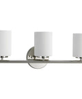 Three Light Etched Glass Modern Bath Vanity Light in Polished Nickel Finish, Replay Collection, front view