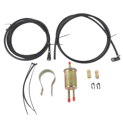 Upgrade Your Ride With This Killer Fuel Line Kit For Chevy Cobalt Ion And Pontiac G5 Models From 2005 To 2010 Perfect Fit For All The Cool 2.2L Engines Out There So You Can Keep Cruising Smooth Without Any Leaks Or Woes On The Road Ahead Today. Fuel injection hose kit with filter, clamps, and fittings on white background