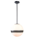 Pan 1 Light Pendant In Black With Round Milk Glass Shade And Black Stripes For Modern Home Lighting, Schoolhouse Globe Style On White Background