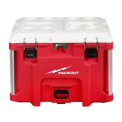 Front view of PACKOUT 40QT XL Cooler Box with impact resistant polymer body and modular connectivity in red and white.