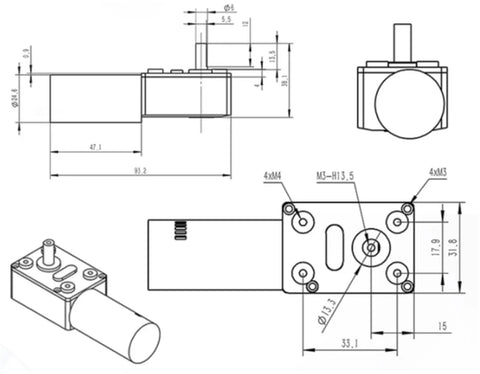 Top Tier JGY 370GB Worm Gear Motor With Encoded Output diagram showing dimensions and details for robotics projects.