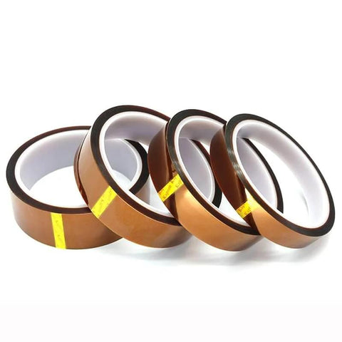 Four rolls of brown polyimide Kapton tape, heat resistant, ideal for 3D printers and electronics, 30m roll width 5 to 40 mm.