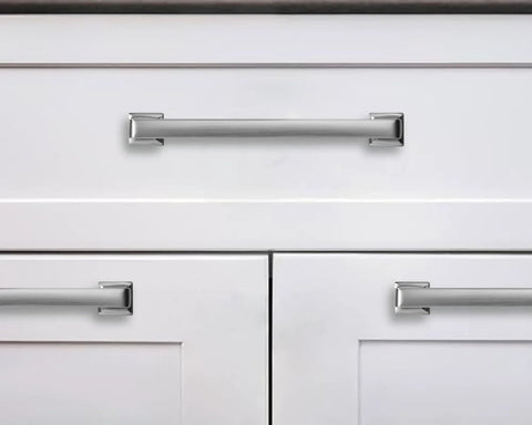Front view of cabinet with 20 Pack Brushed Nickel Cabinet Pulls With 3 Inch Hole Centers Straight Bar Handles For Cabinets And Drawers.