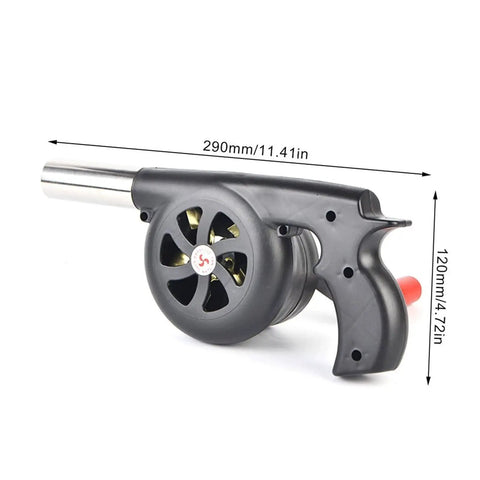 Portable Manual Hand Crank Air Blower Fire Up Campfires Fast Heavy Duty Metal Stoker Bellows Pump side view with grip.