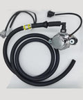 Front view of a 12V brake booster vacuum pump kit with chrome pump, black hoses and installation fittings