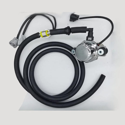 Front view of a 12V brake booster vacuum pump kit with chrome pump, black hoses and installation fittings