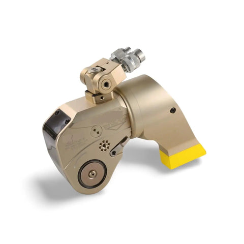 Close-up of Heavy Duty Hydraulic Torque Wrench With Slick One Way Drive Ratchet and aluminum titanium frame.