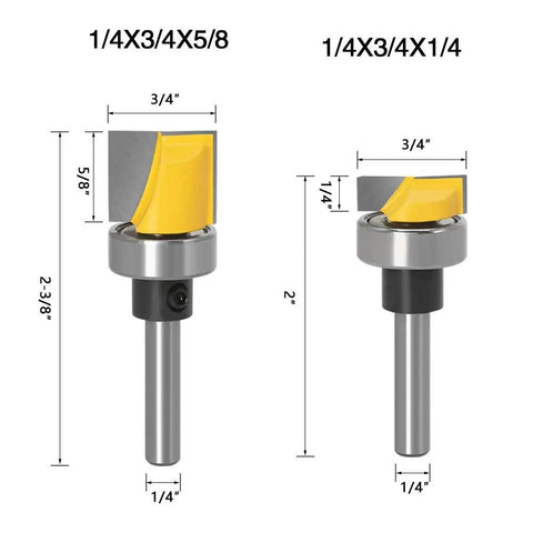 Heavy Duty 4 Piece Door Hinge Router Bit Set With One Quarter Inch Shank, dimensions showing two bits for precise trimming