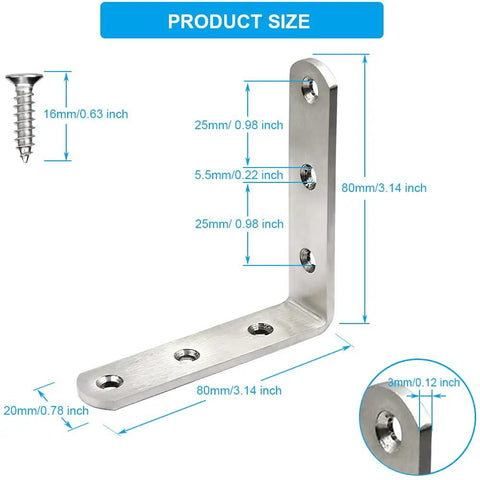 Heavy Duty Stainless Steel L Brackets 8 Pack Tough As Nails Corner Brace For Wood Furniture Right Angle Support Assembly With Premium Mounting Screws Included with dimensions and screw details.