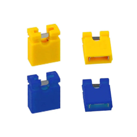 Close-up of blue and yellow jumpers from 600 Jumper Caps Kit with 2.54mm spacing, ideal for PCB projects and electronics.