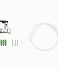 Compact Tankless Water Heater Under Sink For Kitchen Serving Up Right Quick Hot Water With Slick Temp Dial And Snappy 1500W Coil For Hassle Free Washing - metal valve, screws, green anchors, and clear tubing.