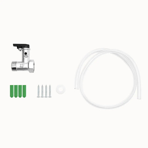 Compact Tankless Water Heater Under Sink For Kitchen Serving Up Right Quick Hot Water With Slick Temp Dial And Snappy 1500W Coil For Hassle Free Washing - metal valve, screws, green anchors, and clear tubing.