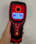 Heavy Duty Digital Wall Scanner And Stud Finder Locates Wood Joists Live Ac Wires Copper Pipes And Rebar With Precision Edge Detection Modes held in hand.
