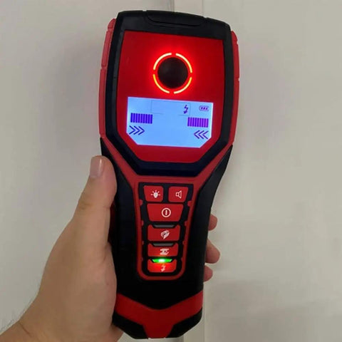 Heavy Duty Digital Wall Scanner And Stud Finder Locates Wood Joists Live Ac Wires Copper Pipes And Rebar With Precision Edge Detection Modes held in hand.