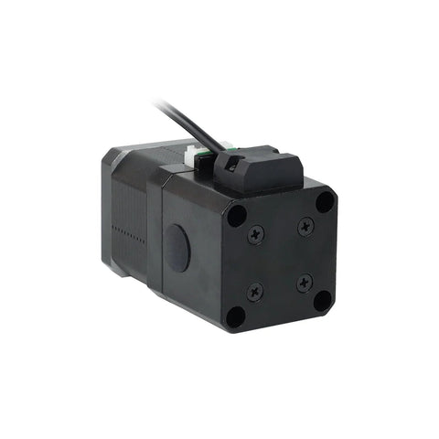 Brake stepper motor, 12V, NEMA 17, black housing with four mounting holes (angled front view)