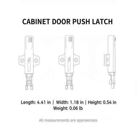 Image of push latch for handle free cabinet doors with spring loaded rebound mechanism, PP plastic, dimensions 4.41 x 1.18 x 0.54 inches.