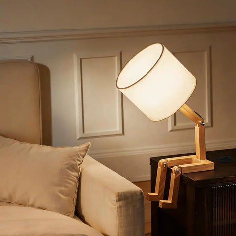 Robot Bedside Lamp With Fabric Lampshade And Foldable Solid Wood Body For Bedroom Or Living Room Cool Creative E27 Table Light