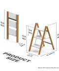 Grab-and-Go 3 Step Folding Aluminum Ladder With Non Slip Wide Steps For Easy Home Reach, Lightweight Yet Durable Step Stool For Kitchen Closet Bedroom, Supports Up To 330 Lb, Woodgrain Finish, folded and open with dimensions shown