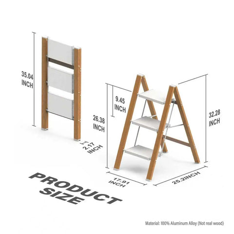 Grab-and-Go 3 Step Folding Aluminum Ladder With Non Slip Wide Steps For Easy Home Reach, Lightweight Yet Durable Step Stool For Kitchen Closet Bedroom, Supports Up To 330 Lb, Woodgrain Finish, folded and open with dimensions shown