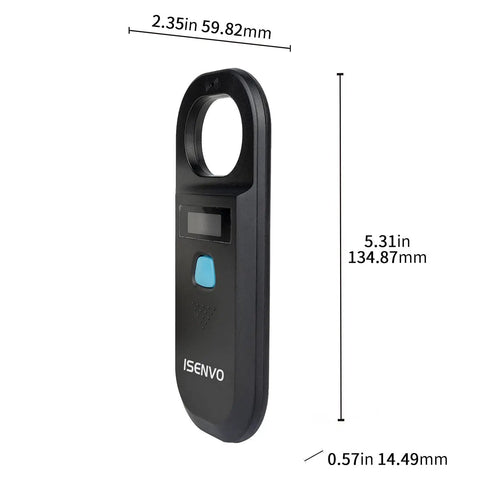 Rechargeable Pet Microchip Scanner RFID EMID Reader 134 2kHz And 125kHz Chip Detector with dimensions shown