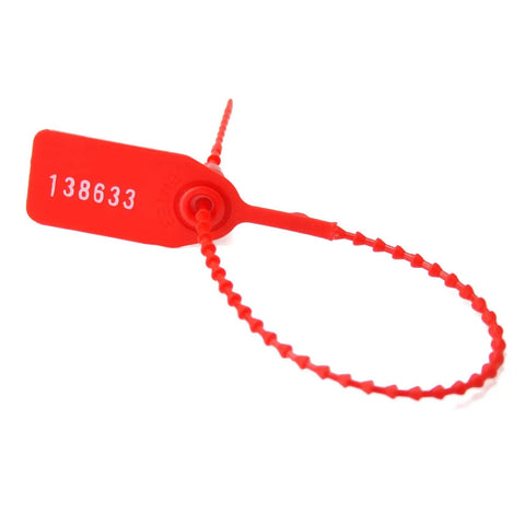 Built To Last Plastic Tamper Seals With Serial Numbers 250mm self-locking zip tie tags in red for various security purposes.