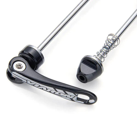 Close-up of MTB Quick Release Skewers Front And Rear Set Aluminum Alloy Bicycle Wheel Axles With QR Levers Easy Install