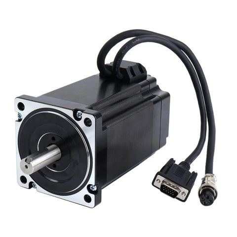 YS Series NEMA 34 closed-loop stepper motor; black housing, silver faceplate, 2.0 m cables with DB9 and round connectors.