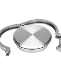 Front view of a 4-inch stainless steel sanitary end cap with tri-clamp ferrule and clamp halves