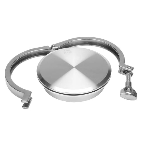 Front view of a 4-inch stainless steel sanitary end cap with tri-clamp ferrule and clamp halves