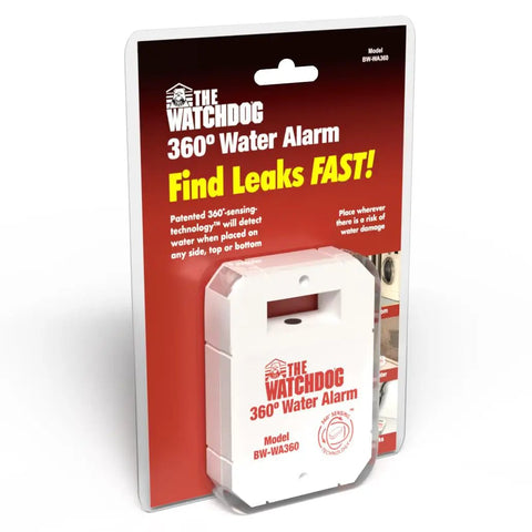 Compact Water Alarm With 360 Degree Sensing And 110 dB Siren packaging showing product in retail box
