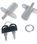 Top Notch Zinc Alloy Push Plunger Cabinet Lock With 32 Mm Cylinder And 19 Mm Diameter For Sliding Drawers Keyed Alike One Key Opens Both. Set includes two locks, two keys, and a retaining ring.