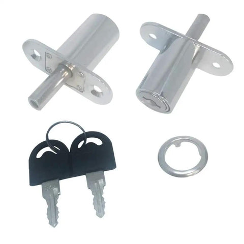 Top Notch Zinc Alloy Push Plunger Cabinet Lock With 32 Mm Cylinder And 19 Mm Diameter For Sliding Drawers Keyed Alike One Key Opens Both. Set includes two locks, two keys, and a retaining ring.