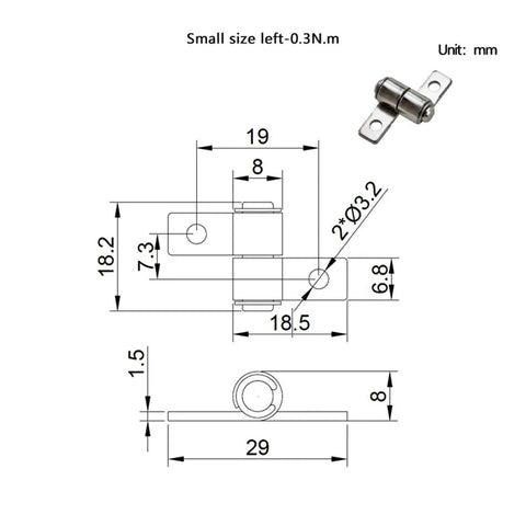 360-degree adjustable stop-damping hinge with mounting plate; left version, 0.3 N·m torque, mm-dimension drawing.