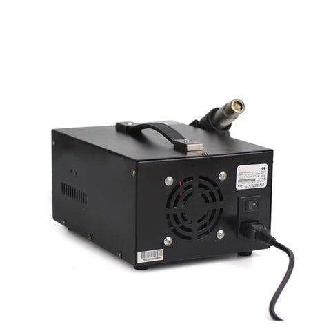 Awesome 853D Dual Display Soldering Hot Air Rework Station With Power Supply angled view showing rear and power connection.