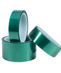 Three rolls of Green PET Tape For High Temp PCB Soldering And SMT Assembly, Heat Resistant Up To 100 Degrees Celsius, different widths visible.