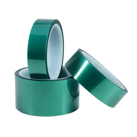 Three rolls of Green PET Tape For High Temp PCB Soldering And SMT Assembly, Heat Resistant Up To 100 Degrees Celsius, different widths visible.