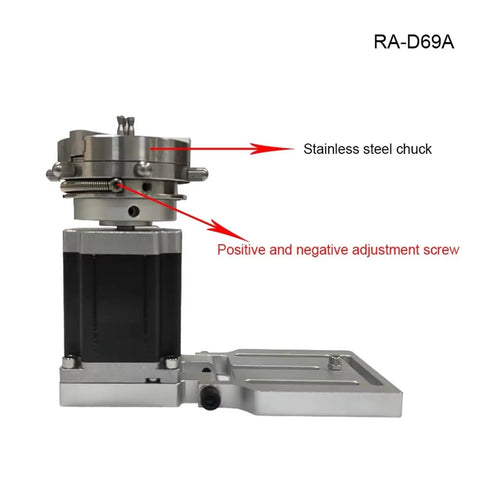 Heavy Duty 69 MM Rotary Attachment With Grip Tight Triple Chuck Jaw And Smooth Swivel Base For Marking Machines, showing stainless steel chuck and adjustment screws.