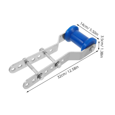 Adjustable keel roller with steel frame brackets for boat trailer and rubber wheel sealed bearing design, shown with dimensions.