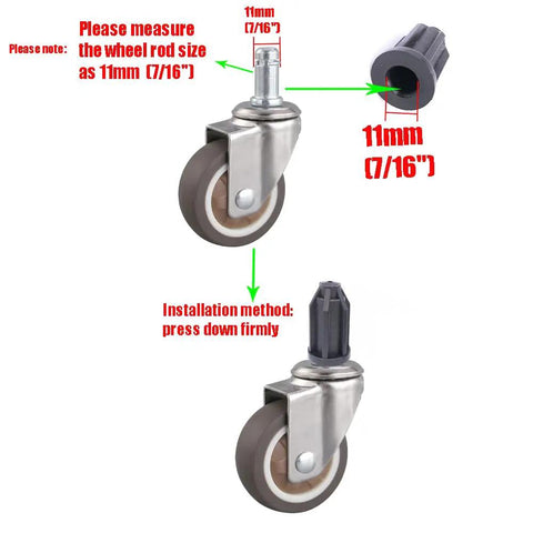 Pack Of Ten Heavy Duty Plastic Caster Socket Sleeves, 7/16 Inch round stem bullets shown with dimensions and installation info.