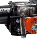 Close-up of 2500 Lb ATV Winch 2.5P Deluxe Bundle with visible cable and hook detail, showcasing its sturdy design.