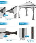 Easy Up 11x11 Pop Up Gazebo Shelter With 4 Sandbags, gray canopy details, awning pole, truss bar, and leg pole dimensions shown
