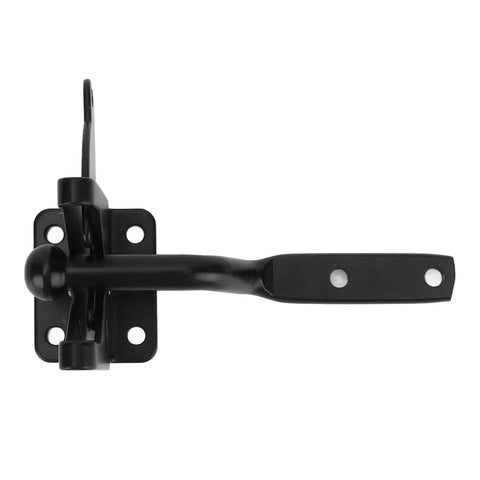 Aramox Carbon Steel Fence Latch with Spring Lock for gate shown from above, featuring durable black finish and mounting holes.